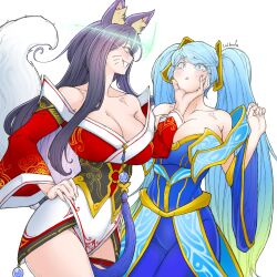 Rule 34 | 2girls, ahri (league of legends), animal ears, aura, bare shoulders, black hair, blonde hair, blue dress, blue eyes, blue hair, blush, breasts, cleavage, collarbone, corruption, crown, dress, fox ears, fox girl, fox tail, glowing, glowing eyes, grabbing, grabbing another&#039;s chin, gradient hair, green background, hand on another&#039;s chin, hand on own hip, highres, huge breasts, korean commentary, league of legends, lolboja, long hair, low neckline, multicolored hair, multiple girls, naughty face, possessed, possession, pout, red dress, ruined (league of legends), smile, sona (league of legends), tail, tearing up, tears, twintails, very long hair, viego (league of legends), white hair, you gonna get raped, yuri