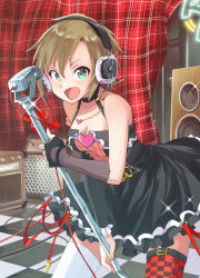Rule 34 | 10s, 1girl, asymmetrical legwear, bare shoulders, blush, breasts, brown hair, checkered clothes, checkered legwear, cleavage, dress, elbow gloves, fingerless gloves, gloves, green eyes, headphones, idolmaster, idolmaster cinderella girls, looking at viewer, matsuse daichi, microphone, microphone stand, open mouth, short hair, smile, solo, tada riina, thighhighs, uneven legwear, white thighhighs