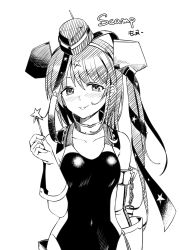 Rule 34 | 1girl, breasts, candy, competition swimsuit, food, garrison cap, gloves, greyscale, hair ornament, hair ribbon, hat, highleg, highleg swimsuit, holding, holding candy, holding food, holding lollipop, kantai collection, lollipop, long hair, monochrome, monsuu (hoffman), one-piece swimsuit, ribbon, scamp (kancolle), side ponytail, small breasts, smile, solo, star (symbol), star hair ornament, swimsuit