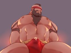 Rule 34 | 1boy, abs, absurdres, alternate pectoral size, bara, beard, blindfold, briefs, bulge, chest hair, commentary request, cum, cum in clothes, cum through clothes, erection, erection under clothes, facial hair, feet out of frame, from below, guoguo, highres, large pectorals, male focus, male underwear, mature male, mohawk, muscular, muscular male, navel, nipples, pectorals, rope, shibari, short hair, solo, stomach, street fighter, thick thighs, thighs, topless male, underwear, wrestling outfit, zangief