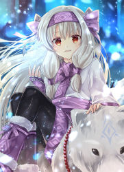 Rule 34 | 1girl, ainu clothes, animal, black pantyhose, blurry, blurry background, blush, boots, bow, commentary request, depth of field, fate/grand order, fate (series), fingerless gloves, fingernails, fur-trimmed boots, fur trim, gloves, glowing, grey hair, hair between eyes, hair bow, hairband, hand up, highres, illyasviel von einzbern, iroha (shiki), long hair, long sleeves, looking at viewer, pantyhose, parted lips, purple bow, purple footwear, purple gloves, purple hairband, red eyes, sitonai (fate), sitting, smile, snowflakes, solo, very long hair, wolf