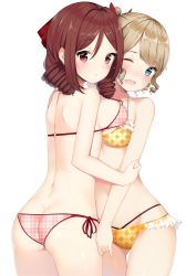 Rule 34 | 10s, 2girls, :o, ;0, arm grab, ass, asymmetrical docking, back, bare arms, bare back, bare legs, bare shoulders, bikini, blue eyes, blush, breast press, breast rest, breasts, brown hair, collarbone, couple, cowboy shot, dimples of venus, drill hair, female focus, frill trim, frills, gin00, gluteal fold, hair ribbon, harukaze (kancolle), hatakaze (kancolle), highres, hug, kantai collection, large breasts, legs, looking at viewer, looking back, medium breasts, multi-strapped bikini bottom, multi-strapped bikini top, multiple girls, neck, o-ring, o-ring bikini, o-ring top, one eye closed, open mouth, pink bikini, pinky out, plaid, plaid bikini, plaid swimsuit, ponytail, red eyes, red ribbon, ribbon, short hair, side-tie bikini bottom, sideboob, simple background, standing, strap gap, swimsuit, thigh gap, twin drills, white background, wince, yellow bikini, yuri