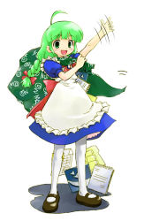 Rule 34 | 1girl, :d, ahoge, apron, carrying over shoulder, crescent, full body, green eyes, green hair, mary janes, matching hair/eyes, me-tan, motion lines, open mouth, os-tan, puffy short sleeves, puffy sleeves, sack, shoes, short sleeves, sign, smile, solo, standing, thighhighs, warning sign, waving