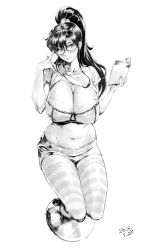 Rule 34 | 1990s (style), 1girl, belly, bishoujo senshi sailor moon, book, bra, breasts, cleavage, clothes lift, dated, earrings, glasses, greyscale, highres, huge breasts, jewelry, kino makoto, light smile, long hair, midriff, monochrome, navel, orushibu, polka dot, polka dot bra, ponytail, retro artstyle, shirt lift, short shorts, shorts, simple background, solo, striped clothes, striped thighhighs, thighhighs, underwear, white background