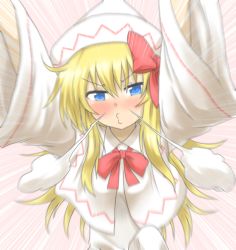 Rule 34 | 1girl, blonde hair, blue eyes, blush, bow, capelet, emphasis lines, female focus, hair bow, hat, lily white, long hair, nobamo pieruda, o3o, solo, touhou, upper body