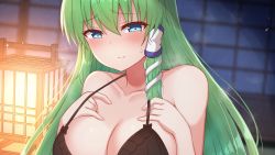 Rule 34 | 1girl, bare shoulders, blue eyes, blurry, blurry background, blush, breasts, cleavage, closed mouth, collarbone, commentary request, green hair, hair between eyes, hands on own chest, highres, indoors, kochiya sanae, large breasts, light smile, long hair, looking down, sample watermark, solo, tksand, touhou, upper body, watermark, window
