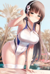 Rule 34 | 1girl, adjusting hair, arm support, artist name, blue one-piece swimsuit, blush, breasts, brown eyes, brown hair, closed mouth, collarbone, competition swimsuit, covered navel, flower, girls&#039; frontline, hair flower, hair ornament, highres, large breasts, looking at viewer, one-piece swimsuit, outdoors, poolside, type 95 (girls&#039; frontline), shirosaba, sidelocks, solo, swimsuit, thighhighs, tree, two-tone swimsuit, white one-piece swimsuit