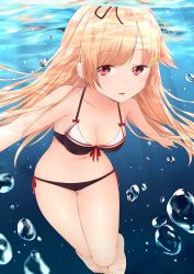 Rule 34 | 10s, 1girl, absurdres, bare arms, bare legs, bikini, black bikini, blonde hair, breasts, hair flaps, hair ornament, hair ribbon, hairclip, highres, hoshimiya aki, kantai collection, long hair, looking at viewer, medium breasts, midriff, navel, outstretched arms, perspective, red eyes, ribbon, solo, stomach, swimsuit, underwater, yuudachi (kancolle), yuudachi kai ni (kancolle)