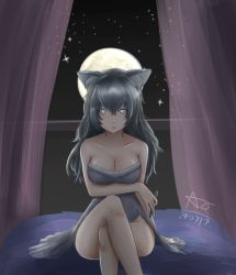 Rule 34 | 10s, 1girl, animal ears, artist request, bare shoulders, black hair, blue eyes, breasts, cleavage, collarbone, dark, dress, expressionless, full moon, grey wolf (kemono friends), heterochromia, highres, indoors, kemono friends, large breasts, crossed legs, long hair, looking at viewer, moon, multicolored hair, night, solo, star (sky), star (symbol), tail, two-tone hair, wolf ears, wolf tail, yellow eyes
