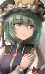 Rule 34 | 1girl, asymmetrical hair, black hat, blue dress, blue eyes, bow, breasts, commentary request, dress, face, flower, gold trim, green hair, grey background, hair between eyes, hand on own chest, hand up, hat, highres, juliet sleeves, long sleeves, looking afar, looking to the side, medium breasts, medium hair, namiki (remiter00), parted lips, pink flower, puffy sleeves, red bow, shiki eiki, simple background, solo, touhou