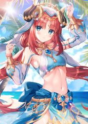 Rule 34 | 1girl, armlet, bare shoulders, beach, blue skirt, blue sky, blush, bracer, breasts, brooch, fake horns, fukase ayaka, genshin impact, gold trim, green eyes, hair ornament, harem outfit, horns, jewelry, light rays, long hair, long sleeves, looking at viewer, low twintails, medium breasts, neck ring, nilou (genshin impact), palm tree, puffy long sleeves, puffy sleeves, red hair, sash, shore, sidelocks, skirt, sky, smile, solo, sunlight, thighlet, tree, twintails, veil