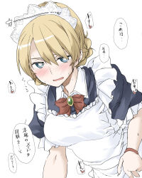Rule 34 | 1girl, alternate costume, apron, blonde hair, blue eyes, blush, braid, breasts, darjeeling (girls und panzer), elf (stroll in the woods), enmaided, french braid, girls und panzer, hair between eyes, highres, looking at viewer, maid, maid apron, maid headdress, medium breasts, puffy short sleeves, puffy sleeves, short hair, short sleeves, simple background, solo, speech bubble, sweat, white background
