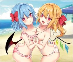Rule 34 | 2girls, ass, bare shoulders, bikini, blonde hair, blue hair, blush, bow, braid, breast press, breasts, butt crack, fang, flandre scarlet, french braid, hair between eyes, hair bow, hair intakes, holding hands, incest, long hair, looking at viewer, medium breasts, multiple girls, open mouth, pointy ears, red eyes, remilia scarlet, rimu (kingyo origin), shiny skin, short hair, siblings, sisters, smile, swimsuit, touhou, wings