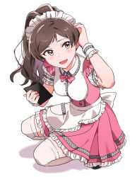 Rule 34 | 1girl, apron, blush, bow, bowtie, breasts, brown hair, dot nose, dress, frilled apron, frilled dress, frills, from above, hand on own head, hand up, idolmaster, idolmaster million live!, idolmaster million live! theater days, kitazawa shiho, long hair, looking at viewer, medium breasts, open mouth, pink bow, pink bowtie, pink dress, shirop imas, shirt, short sleeves, simple background, solo, squatting, thighhighs, waist apron, waist bow, white apron, white background, white bow, white headdress, white shirt, white thighhighs, white wrist cuffs, wrist cuffs, yellow eyes