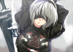 Rule 34 | 1girl, arms up, blindfold, breasts, cleavage, cleavage cutout, clothing cutout, dress, hairband, lips, medium breasts, mole, mole under mouth, nier (series), nier:automata, pink lips, puffy sleeves, short hair, solo, stretching, sword, takamura wamu, turtleneck, upper body, weapon, white hair, 2b (nier:automata)