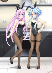 Rule 34 | 2girls, absurdres, alexstardust31, alternate costume, animal ear headwear, animal ears, arm behind back, bare shoulders, black hairband, black leotard, blanc (neptunia), blue bow, blue bowtie, blue eyes, blue hair, blush, bow, bowtie, breasts, cleavage, commission, covered navel, detached collar, fake animal ears, full body, hair between eyes, hairband, hand on own hip, hand up, headgear, highres, hip focus, indoors, kitchen, leg up, leotard, long hair, looking at viewer, medium breasts, multiple girls, nepgear, neptune (series), pantyhose, pink hair, playboy bunny, power symbol, power symbol-shaped pupils, purple bow, purple bowtie, purple sister, rabbit ears, red eyes, short hair with long locks, skin tight, small breasts, smile, standing, standing on one leg, symbol-shaped pupils, very long hair, white heart (neptunia), wrist cuffs