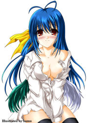 Rule 34 | 1girl, antenna hair, arc system works, asymmetrical wings, blue hair, blush, bow, breasts, cleavage, dizzy (guilty gear), guilty gear, guilty gear x, guilty gear xx, hair bow, hair ribbon, hamu (moeyobaka), large breasts, long hair, open clothes, open shirt, red eyes, ribbon, shirt, sitting, smile, solo, thighhighs, wings