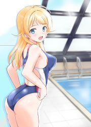 Rule 34 | 1girl, ahoge, ass, blonde hair, blue eyes, blue one-piece swimsuit, breasts, commentary request, competition swimsuit, cowboy shot, egonomi, hachimiya meguru, idolmaster, idolmaster shiny colors, looking at viewer, low twintails, medium breasts, one-piece swimsuit, pool, pool ladder, poolside, rei no pool, solo, swimsuit, twintails