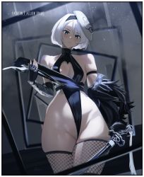 Rule 34 | 1girl, aelion draws, alternate costume, armband, bare shoulders, black gloves, black hairband, black leotard, black sleeves, blue eyes, blush, bob cut, breasts, cleavage, cleavage cutout, closed mouth, clothes lift, clothing cutout, commentary, cowboy shot, detached sleeves, elbow gloves, emil (nier), english commentary, feather-trimmed sleeves, fingerless gloves, fishnet thighhighs, fishnets, frontal wedgie, gloves, hairband, halterneck, highleg, highleg leotard, highres, holding, holding sword, holding weapon, katana, leotard, mask, mask on head, medium breasts, mole, mole under mouth, nier:automata, nier (series), parted bangs, patreon username, pelvic curtain, pelvic curtain lift, puffy sleeves, sash, short hair, single detached sleeve, skindentation, solo, sword, thick thighs, thighhighs, thighs, weapon, wedgie, white hair, wide hips, 2b (nier:automata)