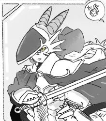 Rule 34 | 1girl, alternate costume, animal ears, armor, cape, commentary, commentary request, dragon (monster girl encyclopedia), english commentary, fins, grey background, greyscale, head fins, helmet, holding, holding sword, holding weapon, horns, latenight, looking at viewer, monochrome, monster girl encyclopedia, parted lips, pauldrons, shoulder armor, solo, spot color, sword, upper body, weapon, yellow eyes