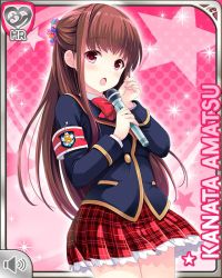Rule 34 | 1girl, :o, amatsu kanata, armband, blazer, blue jacket, bow, bowtie, brown hair, card, character name, girlfriend (kari), holding, jacket, long hair, microphone, official art, open mouth, pink background, plaid, plaid skirt, qp:flapper, red armband, red bow, red eyes, red skirt, school uniform, shirt, skirt, solo, standing, tagme, white shirt