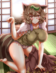 Rule 34 | 1girl, animal ears, blush, breasts, brown eyes, brown hair, female focus, futatsuiwa mamizou, glasses, highres, impossible clothes, impossible shirt, leaf, leaf on head, panties, raccoon ears, raccoon tail, shirt, short hair, solo, striped clothes, striped panties, tail, touhou, underwear, zan (harukahime)