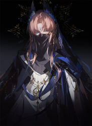 Rule 34 | 1boy, absurdres, adapted costume, arknights, black background, black cloak, black veil, blue eyes, blue ribbon, cloak, closed mouth, clothing cutout, earrings, expressionless, forehead jewel, from side, head wings, highres, jewelry, lieshang773, long hair, looking at viewer, male focus, mouth veil, orange hair, parted bangs, passenger (arknights), pendant, profile, ribbon, shirt, solo, upper body, veil, white shirt, wings
