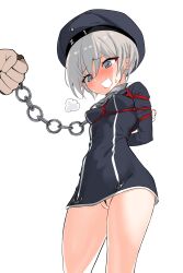Rule 34 | 1girl, :d, absurdres, bare legs, bdsm, beret, blush, bondage, bottomless, bound, bound arms, breasts, chain, chain leash, cowboy shot, crotch rope, dress, grey eyes, hat, highres, kantai collection, kinbakuman, leash, microdress, nose blush, open mouth, shibari, short hair, small breasts, smile, solo focus, z1 leberecht maass (kancolle)