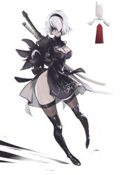 Rule 34 | 1girl, 2b (nier:automata), black thighhighs, blindfold, boots, brown thighhighs, cleavage cutout, clothing cutout, dress, frown, full body, hip focus, nier:automata, nier (series), pod (nier:automata), push! (pushmylove), short hair, simple background, solo, thighhighs, thighhighs under boots, thighs, turtleneck, turtleneck dress, two-sided fabric, two-sided skirt, weapon, weapon on back, white background, white hair