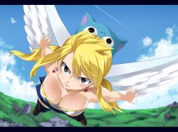 Rule 34 | 1girl, absurdres, angel wings, artist name, bare shoulders, blonde hair, blush, breasts, brown eyes, cat, cleavage, cloud, day, earrings, eyes visible through hair, fairy tail, flying, full body, gaston18, hair between eyes, happy (fairy tail), highres, jewelry, large breasts, looking at viewer, lucy heartfilia, outdoors, sky, sleeveless, solo, thighhighs, watermark, wings