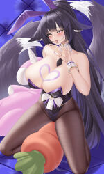 1girl absurdres animal_ears azur_lane bare_shoulders black_hair black_leotard black_necktie black_pantyhose blush breasts cleavage detached_collar fake_animal_ears fox_ears fox_girl fox_tail heart heart-shaped_pupils highleg highleg_leotard highres ichikushi_mojibake kneeling large_breasts leotard long_hair looking_at_viewer multiple_tails musashi_(azur_lane) musashi_(the_purple_rabbit&#039;s_marksmanship)_(azur_lane) necktie official_alternate_costume open_mouth pantyhose playboy_bunny rabbit_ears solo symbol-shaped_pupils tail thighs tongue tongue_out yellow_eyes