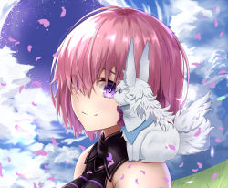 Rule 34 | 1girl, absurdres, bare shoulders, breasts, cloud, commentary request, eyes visible through hair, fate/grand order, fate (series), fou (fate), hair over one eye, highres, huge filesize, large breasts, leaf, light purple hair, looking at viewer, mash kyrielight, outdoors, portrait, purple eyes, purple hair, short hair, smile, sou skate714