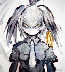 Rule 34 | 10s, 1girl, ahoge, commentary request, hair between eyes, head wings, k-suwabe, kemono friends, limited palette, looking at viewer, necktie, shirt, shoebill (kemono friends), short sleeves, solo, staring, twintails, twitter username, upper body, white background, wings, yellow eyes