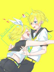 Rule 34 | !, 1boy, 1girl, aqua eyes, bare arms, bare shoulders, blonde hair, blush, bow, brother and sister, character name, crop top, glomp, hair bow, hug, imminent hug, kagamine len, kagamine rin, midriff, necktie, pd ta1, sailor collar, shirt, short hair, short ponytail, shorts, siblings, sleeveless, sleeveless shirt, spoken exclamation mark, surprised, twins, vocaloid, white bow, yellow neckwear