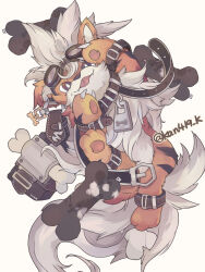 Rule 34 | animal, animal focus, arm strap, arm up, bone, bright pupils, brown eyes, claws, clothed animal, creatures (company), fangs, fluffy, game freak, gen 1 pokemon, goggles, goggles on head, growlithe, highres, kanna (kan419 k), leather collar, lying, nintendo, on back, orange fur, pawpads, pokemon, pokemon (creature), smile, striped fur, tongue, tongue out, twitter username, white fur, yellow background, zipper