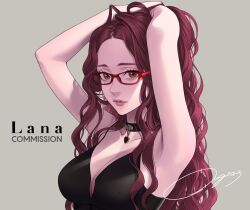 Rule 34 | 1girl, arms up, black bra, black collar, bra, breasts, brown eyes, character name, chimachi, cleavage, collar, commission, glasses, grey background, highres, lips, long hair, looking at viewer, medium breasts, nose, original, parted lips, red-framed eyewear, red hair, signature, skeb commission, solo, underwear