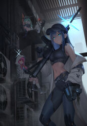 Rule 34 | 4girls, absurdres, air conditioner, ankle ribbon, anti-materiel rifle, assault rifle, atsuko (blue archive), bad anatomy, baseball cap, belt, belt pouch, black belt, black footwear, black gloves, black hair, black headwear, black pants, black shirt, black socks, blue archive, blue eyes, boots, bow, braid, breasts, cabbie hat, city, closed mouth, coat, commentary request, condenser unit, crop top, day, dress, feet out of frame, fim-92 stinger, gloves, green eyes, green hair, gun, hair between eyes, hair bow, hair ornament, hair over one eye, hairclip, halo, hat, highres, hiyori (blue archive), hood, hood up, hooded jacket, hoodie, jacket, kneehighs, leg ribbon, light green hair, loafers, long hair, long sleeves, looking at viewer, low twin braids, man-portable air-defense system, mask, unworn mask, medium breasts, midriff, misaki (blue archive), missile launcher, mouth mask, multiple girls, navel, ntw-20, off shoulder, open mouth, outdoors, pants, pink hair, bulletproof vest, pouch, red eyes, ribbon, rifle, rocket launcher, saori (blue archive), scarf, shirt, shoes, short hair, side ponytail, sig 516, sig sauer, sitting, sitting on object, skirt, sleeveless, sleeveless shirt, sniper rifle, socks, stomach, surgical mask, teeth, twin braids, underbust, user pvza4475, weapon, white coat, white dress, white jacket, white scarf