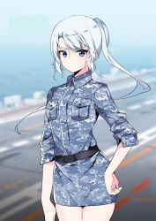 Rule 34 | 1girl, aircraft carrier, anniversary, blue eyes, camouflage, chinese commentary, commentary request, highres, military, military uniform, military vehicle, miniskirt, navy, nrst, ocean, original, people&#039;s liberation army, ponytail, real life, ship, skirt, solo, uniform, warship, watercraft, white hair