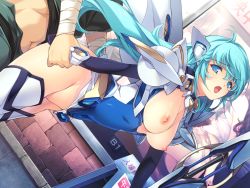 Rule 34 | 1girl, arm grab, blue eyes, blue hair, breasts, busou shoujotai blade briders, clothed sex, game cg, large breasts, legs, long hair, looking back, min-naraken, nipples, no panties, open mouth, sex, standing, thighs, vaginal, weapon