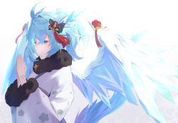 Rule 34 | 1girl, blue hair, dragon girl, dragon horns, dragon tail, dragon wings, happy new year, horns, japanese clothes, kimono, looking at viewer, new year, princess connect!, purple eyes, shefi (princess connect!), shimon (31426784), tail, wings