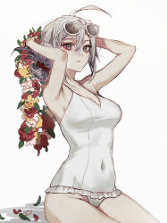 Rule 34 | 1girl, ahoge, alternate costume, arms behind head, bare arms, bare shoulders, breasts, brown eyes, bsgkstnals03, cleavage, closed mouth, collarbone, cowboy shot, danganronpa (series), expressionless, eyelashes, eyewear on head, flower, frilled one-piece swimsuit, frills, hair between eyes, hair bun, hair ornament, hair scrunchie, highres, holding, holding behind back, holding wrench, large breasts, leaf, light frown, navel, one-piece swimsuit, petals, red flower, red scrunchie, scrunchie, shadow, short hair, simple background, single hair bun, sitting, solo, sora (super danganronpa another 2), sunglasses, super danganronpa another 2, swimsuit, thighs, white-framed eyewear, white background, white flower, white hair, white one-piece swimsuit, wrench, yellow flower