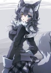 Rule 34 | 10s, 1girl, animal ears, bad id, bad pixiv id, black hair, black shirt, black skirt, blue eyes, blush, breast pocket, breasts, commentary request, covered erect nipples, cowboy shot, artistic error, eyes visible through hair, from behind, fur collar, gloves, gradient background, gradient hair, grey background, grey skirt, grey wolf (kemono friends), hair between eyes, hand on own hip, harlekin, heterochromia, impossible clothes, impossible shirt, kemono friends, large breasts, long hair, long sleeves, looking at viewer, looking to the side, multicolored hair, parted lips, pink lips, plaid, plaid skirt, pocket, shirt, shirt pocket, sidelocks, silver hair, skirt, solo, tail, two-tone hair, uneven eyes, white gloves, wolf ears, wolf tail, yellow eyes