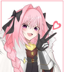 Rule 34 | 1boy, absurdres, astolfo (fate), blush, braid, fate/apocrypha, fate/grand order, fate (series), hair between eyes, hair intakes, happy, heart, highres, long hair, male focus, multicolored hair, open mouth, pink hair, purple eyes, ribbon, smile, streaked hair, trap, upper body, v