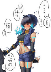 Rule 34 | 1girl, absurdres, arm tattoo, black thighhighs, blue hair, blue shorts, blush, brown eyes, chest jewel, clothes tug, commentary request, cropped jacket, fiery hair, fingerless gloves, gloves, highres, midriff, navel, sena (xenoblade), shorts, side ponytail, siebolds demon, sports bra, sweat, tattoo, thighhighs, translated, white background, xenoblade chronicles (series), xenoblade chronicles 3