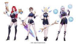 Rule 34 | 4girls, alternate costume, artist request, black shirt, blonde hair, blouse, blunt bangs, breasts, brown hair, copyright name, dual wielding, full body, gun, hand on own hip, handgun, holding, holding sword, holding weapon, k/da (league of legends), large breasts, league of legends, legs apart, lux (league of legends), medium breasts, midriff, miss fortune (league of legends), multiple girls, pencil skirt, pistol, red hair, riven (league of legends), shirt, simple background, skirt, standing, sword, syndra, tagme, thigh strap, thighhighs, wand, weapon, white background, white hair, white shirt