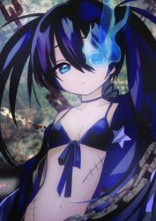 Rule 34 | 1girl, abstract background, bikini, black bikini, black hair, black jacket, black ribbon, black rock shooter, black rock shooter (character), blue eyes, blue fire, breasts, chain, cleavage, closed mouth, collarbone, expressionless, eyebrows hidden by hair, fire, flaming eye, front-tie bikini top, front-tie top, glowing, glowing eye, hair between eyes, halterneck, jacket, light particles, long bangs, long hair, looking at viewer, moni monico, navel, open clothes, open jacket, ribbon, scar, signature, small breasts, solo, spaghetti strap, star (symbol), star print, stitches, swimsuit, twintails, upper body