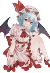 Rule 34 | 1girl, absurdres, ascot, bat wings, black wings, blue hair, cup, drinking glass, fang, fingernails, frilled skirt, frilled sleeves, frills, hair between eyes, hat, hat ribbon, highres, holding, holding cup, looking at viewer, mob cap, nail polish, open mouth, pink hat, pink shirt, pink skirt, puffy short sleeves, puffy sleeves, red ascot, red eyes, red footwear, red nails, red ribbon, remilia scarlet, ribbon, shirt, shoes, short hair, short sleeves, simple background, skin fang, skirt, smile, socks, solo, touhou, uzmee, white background, white socks, wine glass, wings