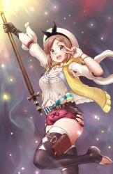 Rule 34 | 1girl, arm up, atelier (series), atelier ryza, atelier ryza 1, black ribbon, boots, breasts, brown eyes, brown hair, cleavage, commentary request, cowboy shot, detached sleeves, finalcake, flask, highres, holding, holding staff, leather belt, leg up, looking at viewer, navel, open mouth, red shorts, reisalin stout, ribbon, round-bottom flask, shirt, short shorts, shorts, skindentation, sleeveless, sleeveless jacket, smile, solo, staff, thigh boots, thighhighs, thighs, toeless footwear, v, vest, vial, white headwear, yellow vest