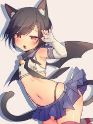 Rule 34 | 1girl, animal ear fluff, animal ears, arm up, armpits, bad id, bad pixiv id, bare shoulders, bat wings, black neckerchief, black panties, black wings, blue sailor collar, blue skirt, blush, brown background, brown hair, cat ears, cat girl, cat tail, cosplay, crop top, elbow gloves, fingerless gloves, fingernails, gloves, half-closed eyes, highleg, highleg panties, highres, kantai collection, looking at viewer, md5 mismatch, microskirt, midriff, mole, mole under eye, navel, neckerchief, open mouth, original, panties, pleated skirt, red eyes, resolution mismatch, sailor collar, school uniform, serafuku, shadow, shimakaze (kancolle), shimakaze (kancolle) (cosplay), shirt, skirt, sleeveless, sleeveless shirt, solo, striped clothes, striped thighhighs, tail, thighhighs, tsuka, underwear, white gloves, white shirt, wings
