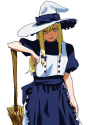 Rule 34 | 1girl, apron, blonde hair, blue bow, blue hat, bow, broom, frilled apron, frilled hat, frills, hair between eyes, hair bow, hat, hat bow, highres, kirisame marisa, leaning, long hair, looking at viewer, parted lips, puffy sleeves, simple background, solo, taiyou, teeth, touhou, turtleneck, white background, white hat, yellow eyes
